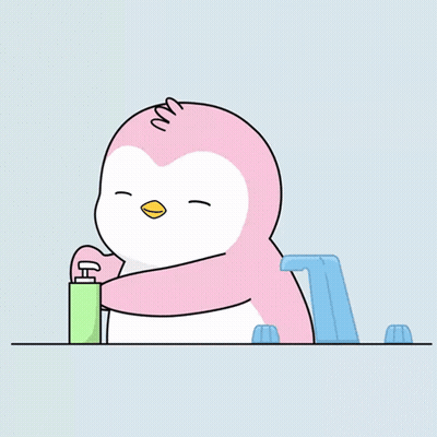 Pink Penguin Washing Face Next To Green Bottle GIF