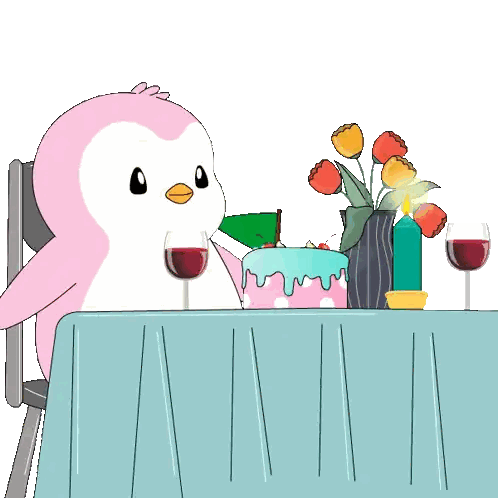 Pink Penguin With Cake And Wine Sticker