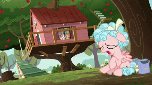 Pink Pony Sitting In Front Of Treehouse GIF