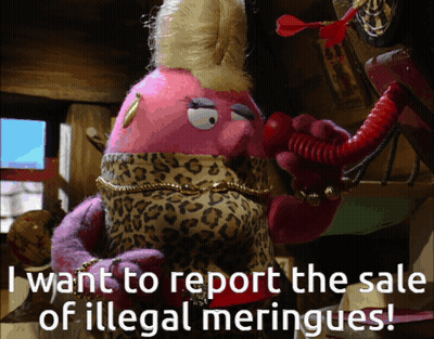 Pink Puppet Talking On Red Phone Saying I Want To Report The Sale Of Illegal Meringues GIF