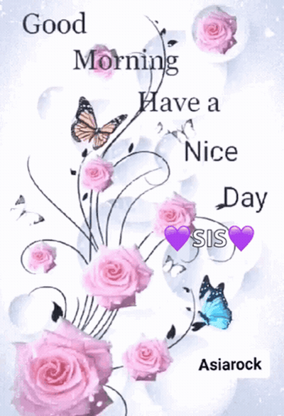 Pink Roses And Butterflies Good Morning Card GIF