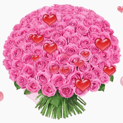 Pink Roses Bouquet With Red Hearts GIF
