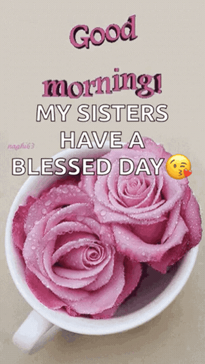 Pink Roses Cup Saying Good Morning My Sisters Have A Blessed Day GIF
