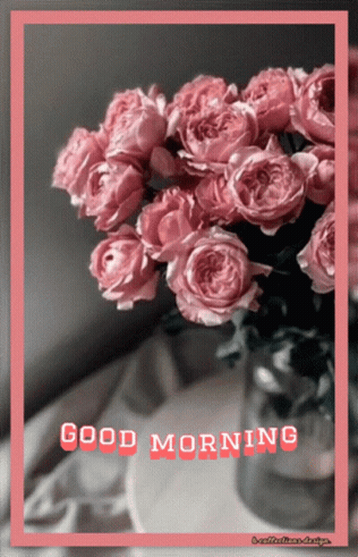 Pink Roses In Vase Saying Good Morning GIF