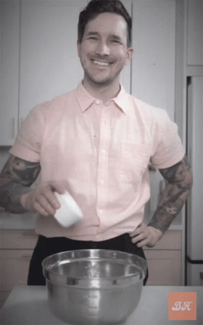 Pink Shirt Man With Metal Bowl BK GIF