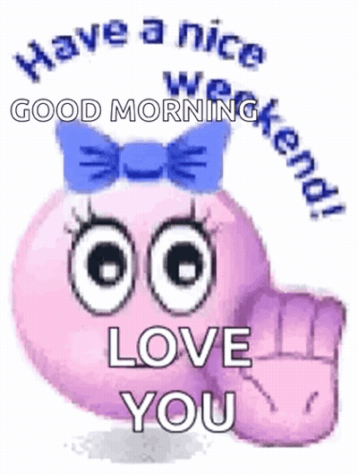 Pink Smiley With Blue Bow Saying Have A Nice Weekend GIF