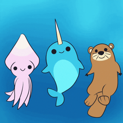 Pink Squid Blue Narwhal Brown Otter In Water GIF