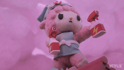 Pink Stuffed Animal Holding Netflix Spray Bottle
