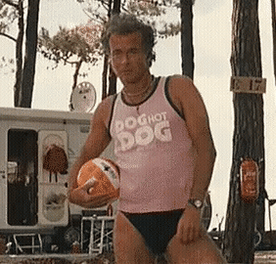 Pink Tank Top Man Holding Ball With Swim Trunks GIF