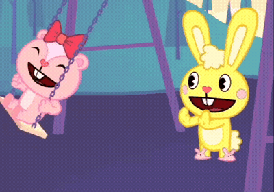 Pink Teddy Bear And Yellow Bunny On Swing GIF