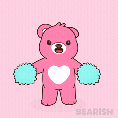 Pink Teddy Bear Cheering With Blue Pom Poms GIF