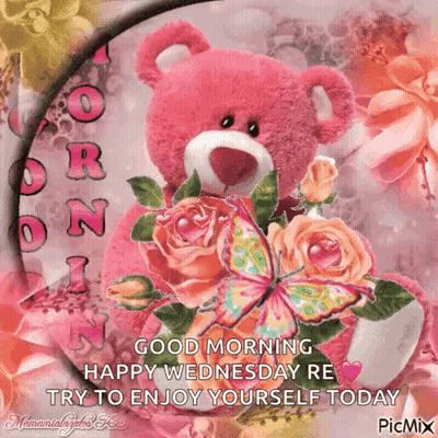Pink Teddy Bear Holding Flowers and Butterflies Says Good Morning Happy Wednesday