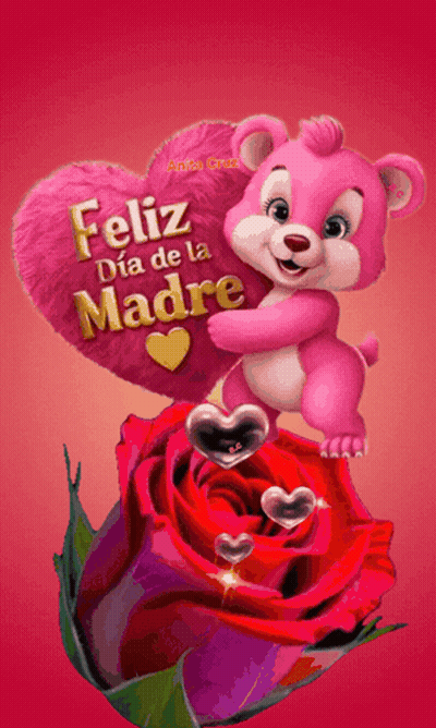 Pink Teddy Bear Holding Heart Saying Feliz Dia De La Madre GIF
