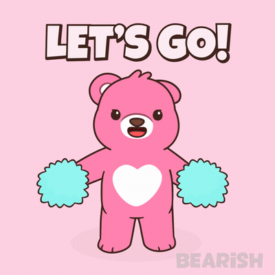 Pink Teddy Bear With Blue Pom Poms Saying Let's Go GIF