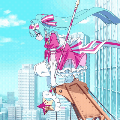 Pink White Dressed Girl On Ladder Skyline GIF