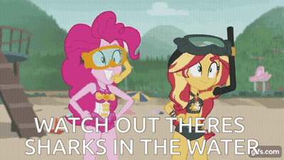 Pinkie Pie And Sunset Shimmer From My Little Pony Equestria Girls Are Standing On The Beach Looking At Sharks In The Wat GIF