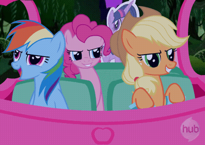 Pinkie Pie Rainbow Dash and Applejack in Pink Car With Hub Logo
