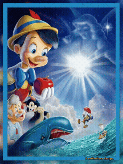 Pinocchio Holding Apple And Whale GIF