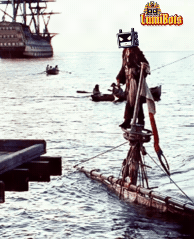 Pirate On Raft In Ocean With Lumibots Logo GIF