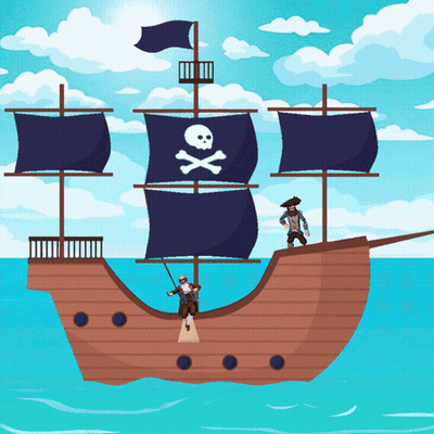 Pirate Ship With Skull And Crossbones Flag GIF
