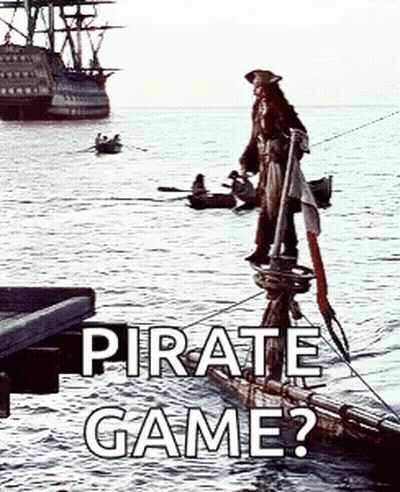 Pirate Standing On Raft In Ocean With Ship GIF