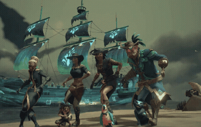 Pirates Dancing In Front Of Ship With Green Sail GIF