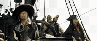 Pirates Sitting On Boat With Parrot On Steering Wheel GIF