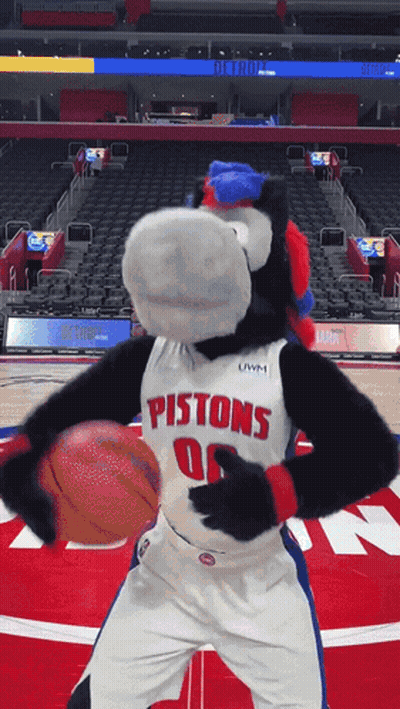 Pistons Mascot Holding Basketball GIF