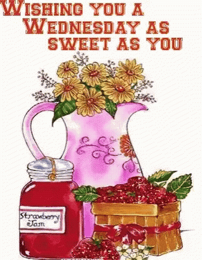 Pitcher Of Flowers, Strawberry Jam, And Basket Of Strawberries GIF