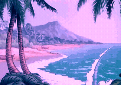 Pixel Art Beach With Palm Trees And Mountains GIF