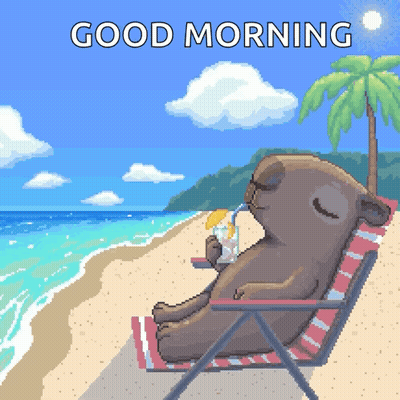 Pixel Art Bear On Beach Saying Good Morning GIF
