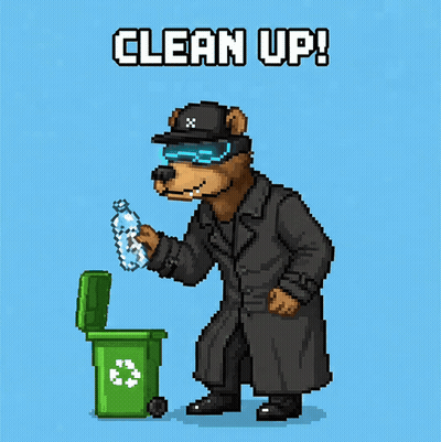 Pixel Art Bear Throwing Bottle Into Recycling Bin Saying Clean Up GIF