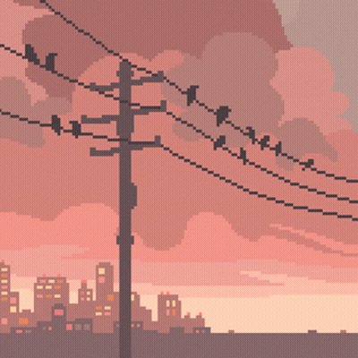Pixel Art Birds On Power Lines With Pink Sky GIF