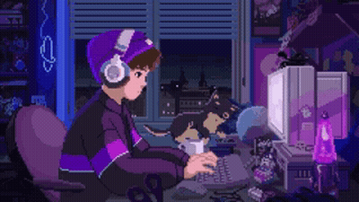 Pixel Art Boy At Computer With Headphones GIF