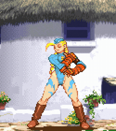 Pixel Art Cammy Street Fighter Standing In Front Of Building GIF