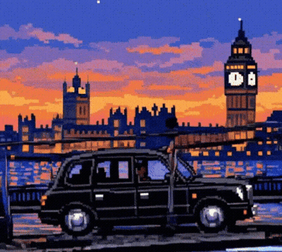 Pixel Art Car In Front Of Big Ben At Sunset GIF
