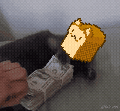 Pixel Art Cat Holding Dollar Bills GIF