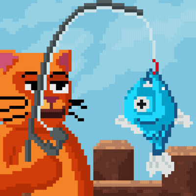 Pixel Art Cat Holding Fishing Rod Next To Fish GIF