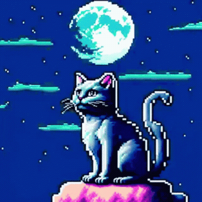 Pixel Art Cat Sitting On Rock Under Full Moon GIF