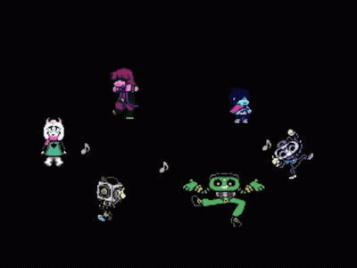 Pixel Art Characters Dancing In Dark Room With Music Notes GIF