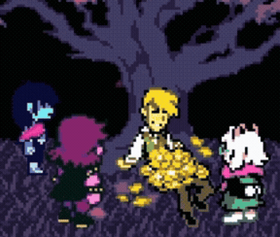 Pixel Art Characters Standing Around Tree GIF