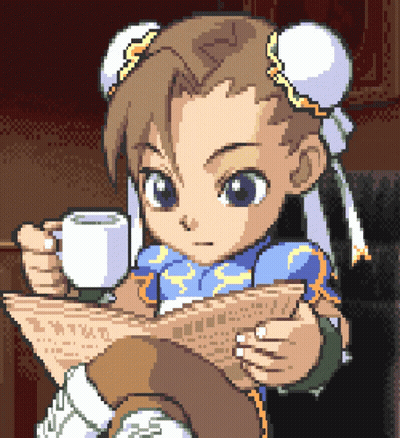 Pixel Art Chun Li Holding Coffee Reading Newspaper GIF