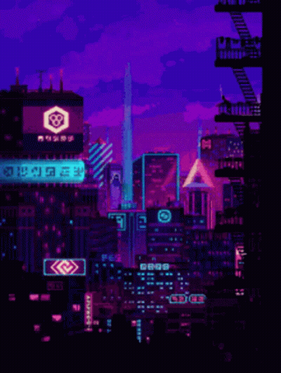 Pixel Art City At Night With GDG Sign GIF