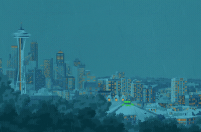 Pixel Art City Skyline At Night With Green Northwest Sign GIF