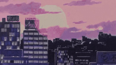 Pixel Art City Skyline Night Purple Full Moon GIF