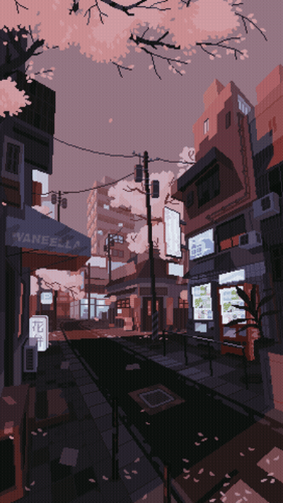 Pixel Art City Street With Vanella Store GIF