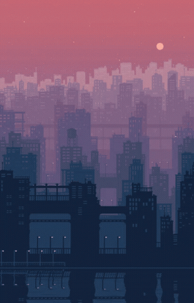 Pixel Art City With Bridge And Moon GIF