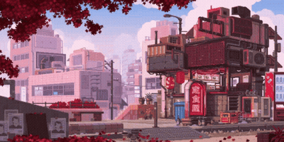 Pixel Art City With Chinese Writing GIF