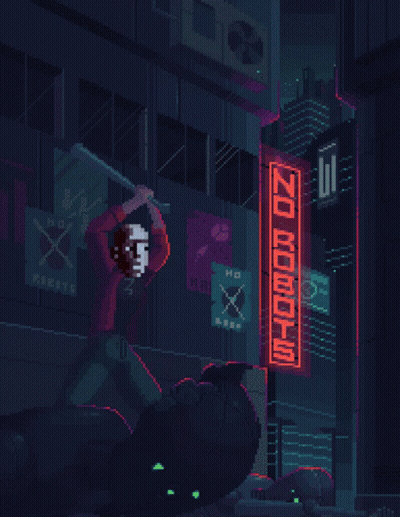 Pixel Art City With Zoo Robot Sign GIF