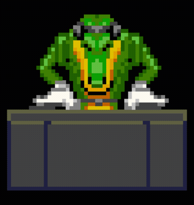 Pixel Art Crocodile Wearing Headphones At Table GIF